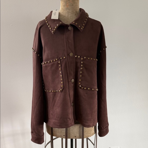 Vigoss Jackets & Blazers - VIGOSS- Brown Faux Suede Studded Trucker Jacket Gold Stud Western Rock Style
